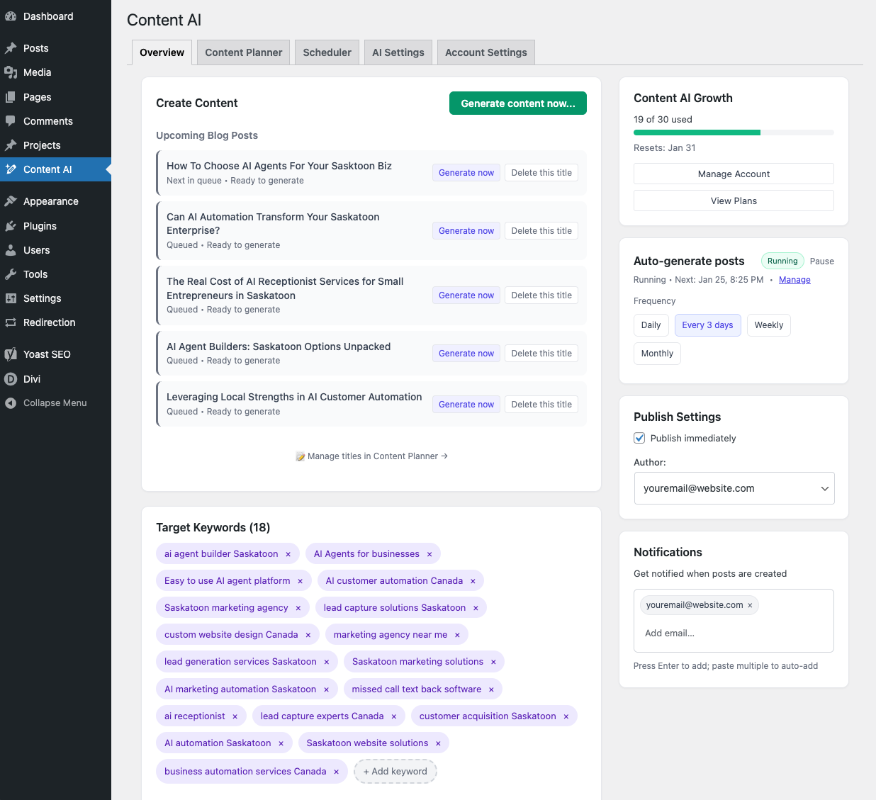 Sica Content AI WordPress plugin - screenshot of control panel and blog planner